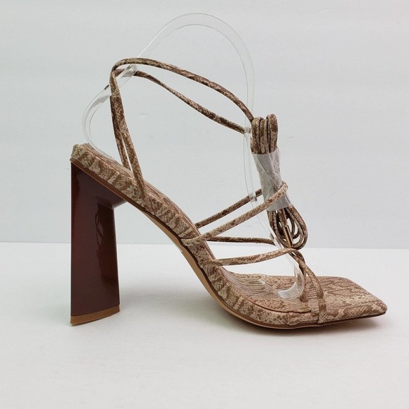 Miss Lola Rayez Womens Sz 8 Tan Snake Skin Pattern Ankle Ties 4.75" Heel Sandals - Picture 4 of 11